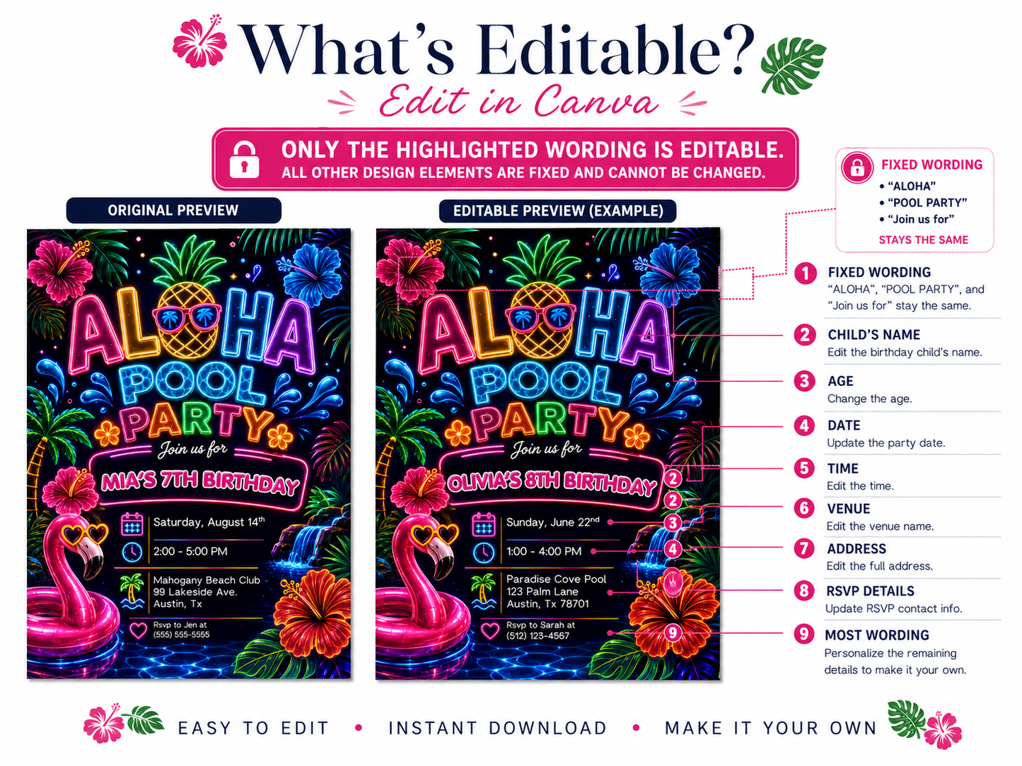 Neon Aloha pool party birthday invitation featuring a glowing pineapple, pink flamingo float, hibiscus flowers, palm trees and colorful tropical lights.
