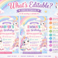 Unicorn fifth birthday invitation featuring pastel unicorns, a rainbow, fluffy clouds, gold stars, crescent moon and pink fairytale castle.
