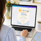Editable here comes the son baby shower invitation Canva template with smiling sun, blue toy airplane, fluffy clouds, and bold navy and sky blue typography on a soft cream background, shown as a flat lay mockup