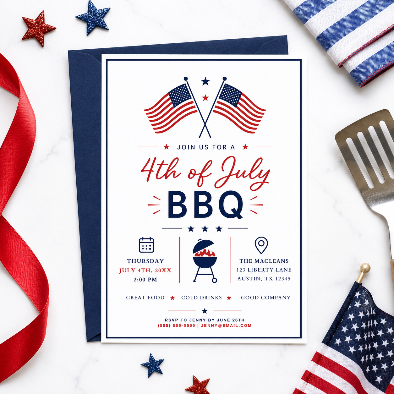 Editable Fourth of July party invitation Canva template with crossed American flags, BBQ grill icon, star accents, and red script and navy bold typography on a white background