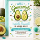 Holy guacamole baby shower invitation with cute smiling avocado characters, teal hearts, greenery accents, playful lettering, and green brown baby boy details
