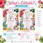Fun in the sun summer birthday invitation with a surfboard, pool float, and tropical flowers in pink, turquoise, and yellow