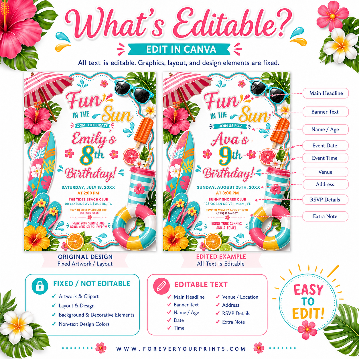 Fun in the sun summer birthday invitation with a surfboard, pool float, and tropical flowers in pink, turquoise, and yellow