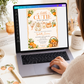 Editable little cutie baby shower invitation Canva template with watercolour oranges, orange blossoms, wicker fruit basket, clothesline scene with romper and bonnet, and orange gingham background