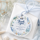 Editable under the sea baby shower round thank you sticker Canva template with watercolour sea turtle, whale, octopus, seahorse, sailboat, coral, shells, and starfish wreath in soft blue tones on a white background
