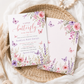 Editable pink and purple butterfly baby shower invitation Canva template with watercolour peonies, lavender, cosmos, and butterfly details on a soft blush background, shown with front and back of card