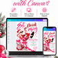 Christmas cocktail party invitation with Santa wearing sunglasses in a giant pink martini glass, disco ball ornaments, pink bows, and Eat Drink and Be Merry lettering