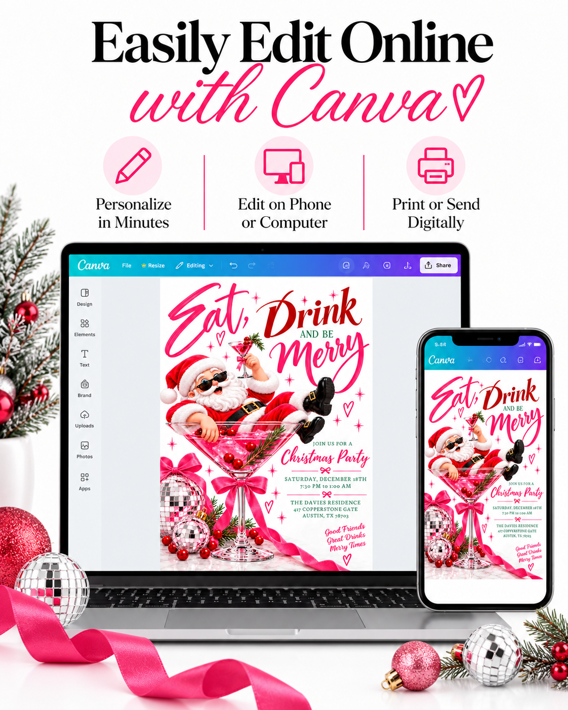 Christmas cocktail party invitation with Santa wearing sunglasses in a giant pink martini glass, disco ball ornaments, pink bows, and Eat Drink and Be Merry lettering