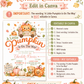 Little pumpkin baby shower invitation with pumpkins, teddy bear, wooden wagon, autumn leaves, pink bows, rustic sign, florals, and soft fall details