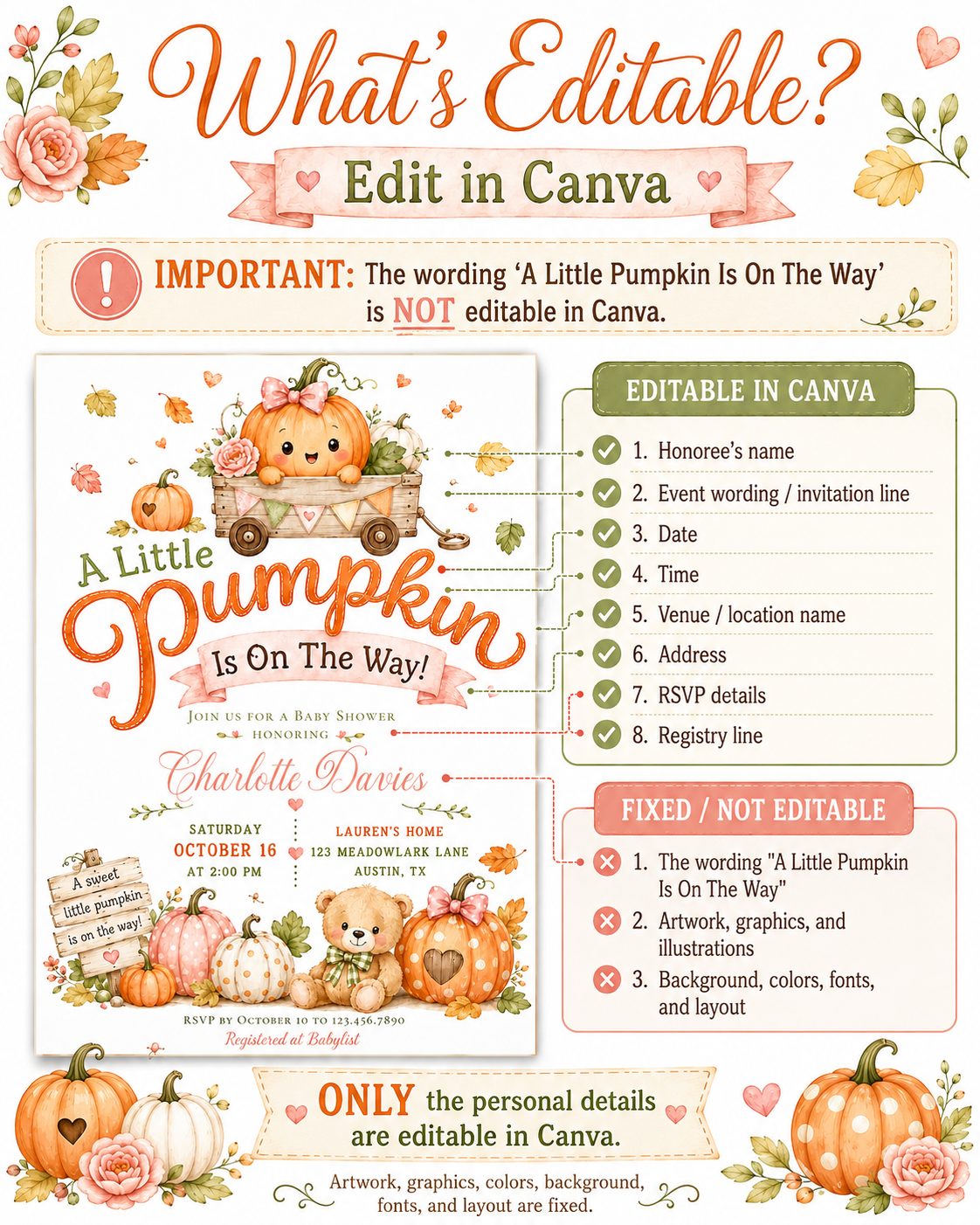 Little pumpkin baby shower invitation with pumpkins, teddy bear, wooden wagon, autumn leaves, pink bows, rustic sign, florals, and soft fall details
