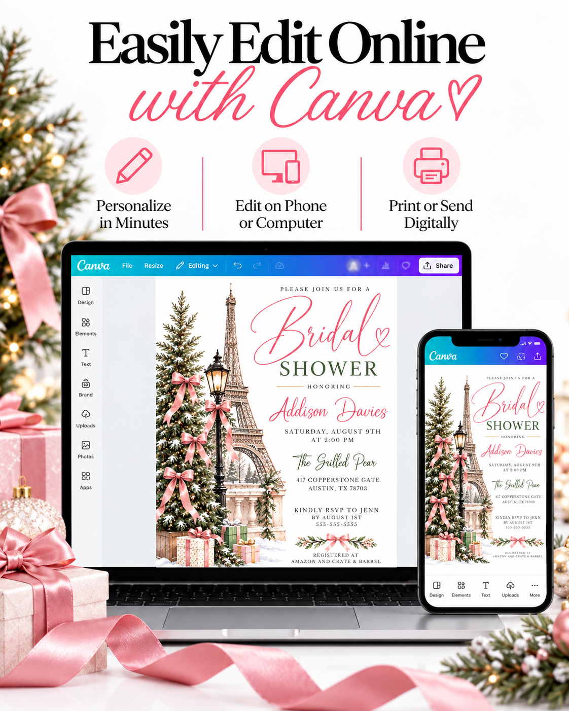 Winter Paris bridal shower invitation with the Eiffel Tower, snow-covered Christmas tree, pink satin bows, vintage streetlamp and wrapped gifts