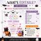 Halloween girl baby shower invitation with cute ghost, black cat, pumpkins, pink bows, bats, spiderwebs, witch hats, cauldron, and spooky-cute baby shower details