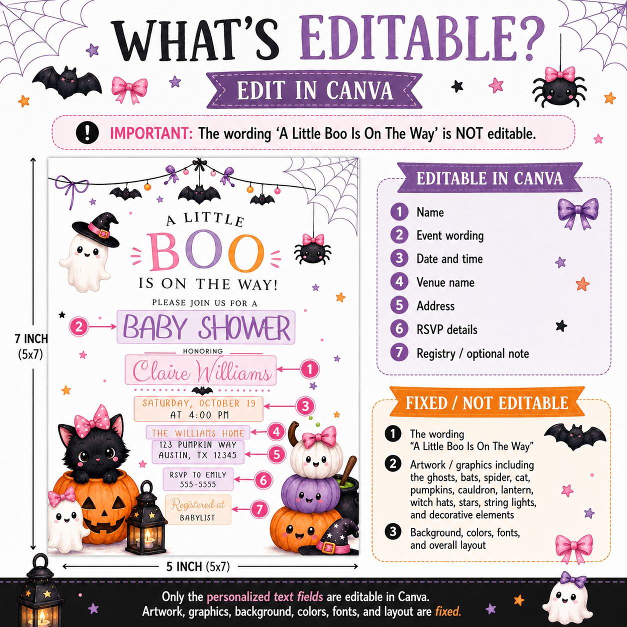 Halloween girl baby shower invitation with cute ghost, black cat, pumpkins, pink bows, bats, spiderwebs, witch hats, cauldron, and spooky-cute baby shower details