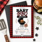 Buffalo plaid BBQ baby shower invitation with a grill and burger in red, black, and white