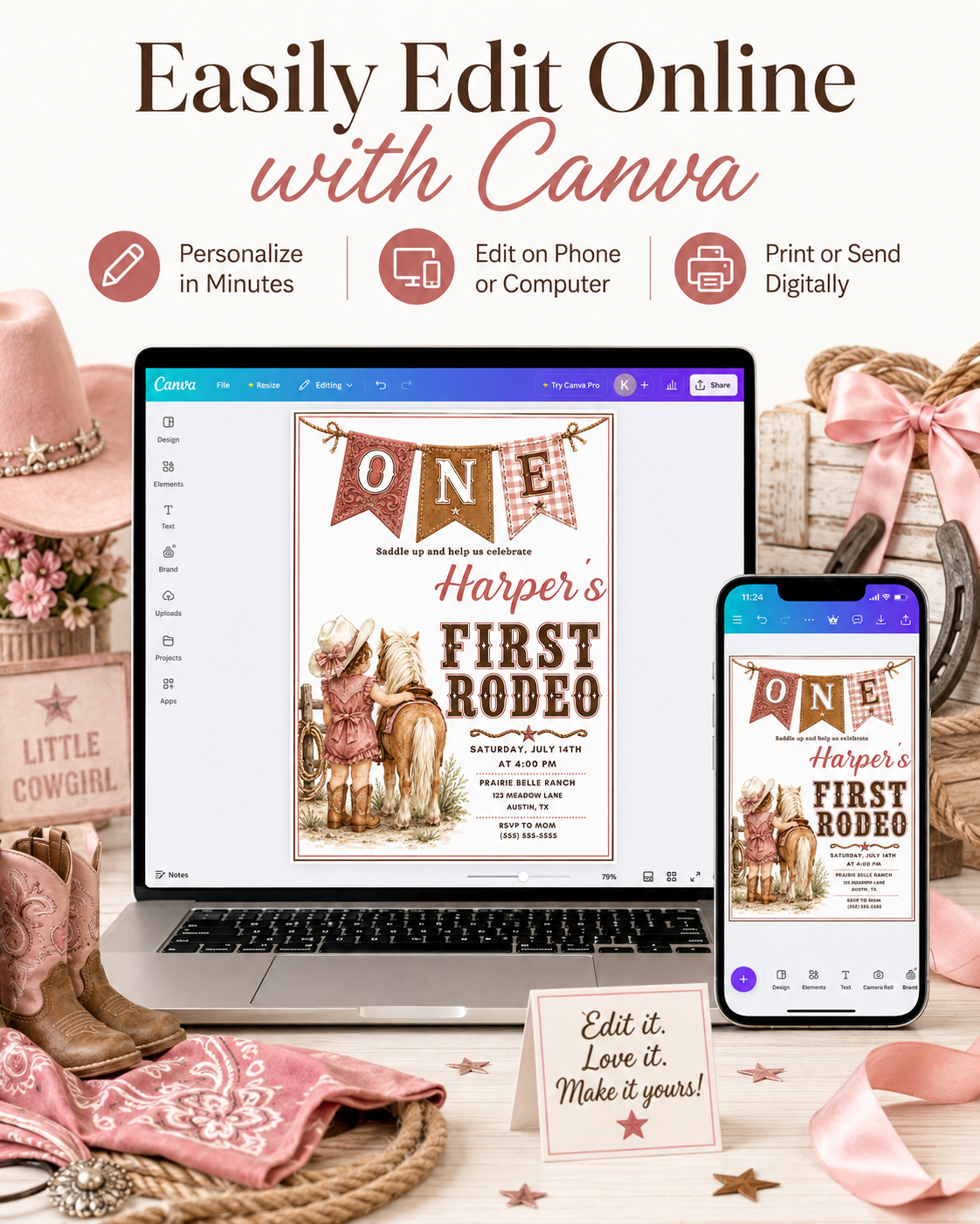 Girls 1st birthday invitation with little cowgirl, pony, cowboy hat, boots, rope details, western banner, blush pink accents, and rustic cowgirl party details