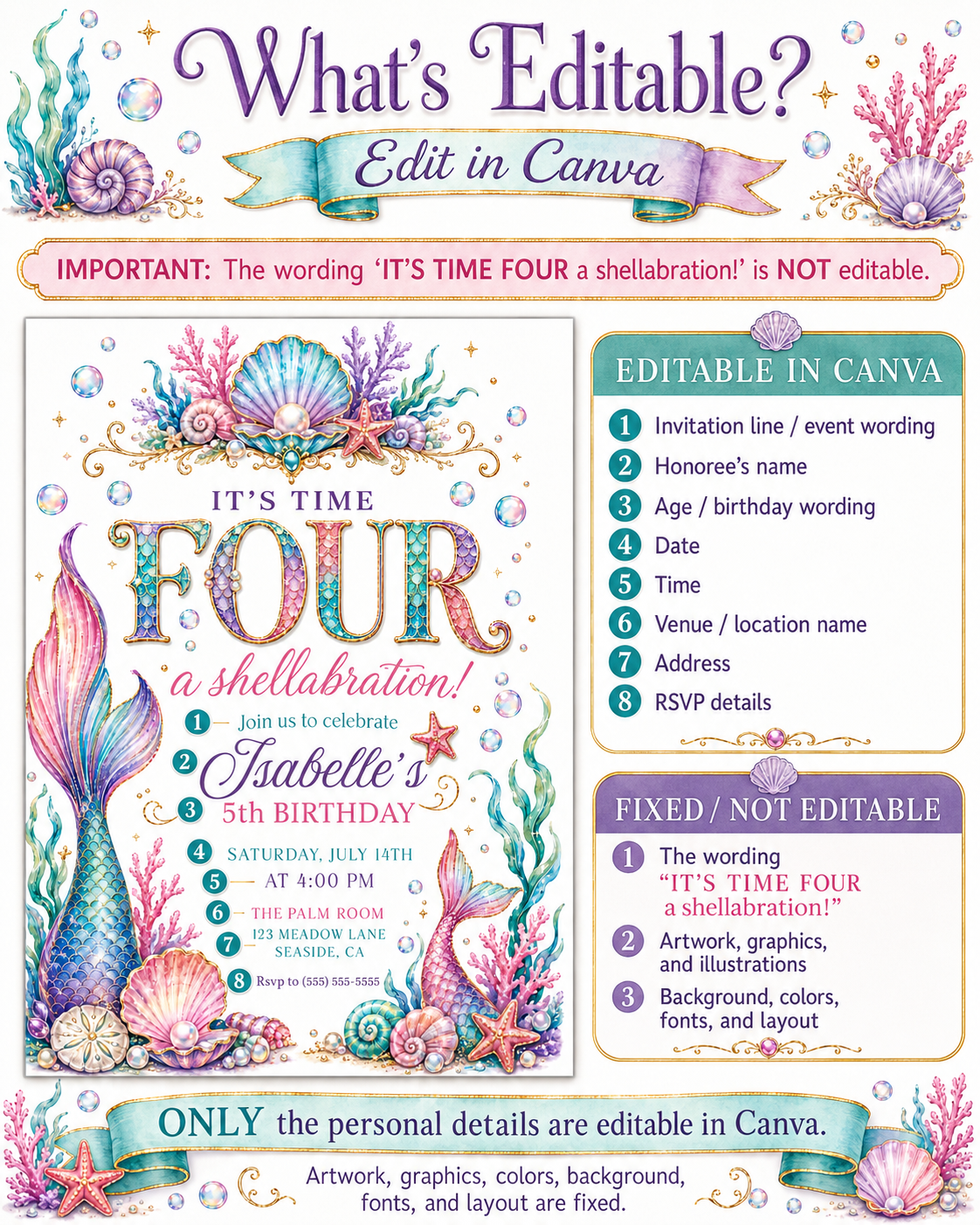 Mermaid birthday invitation with colorful mermaid tails, seashells, pearls, coral, starfish, bubbles, seaweed, gold accents, and under the sea details