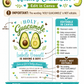 Holy guacamole baby shower invitation with cute smiling avocado characters, teal hearts, greenery accents, playful lettering, and green brown baby boy details