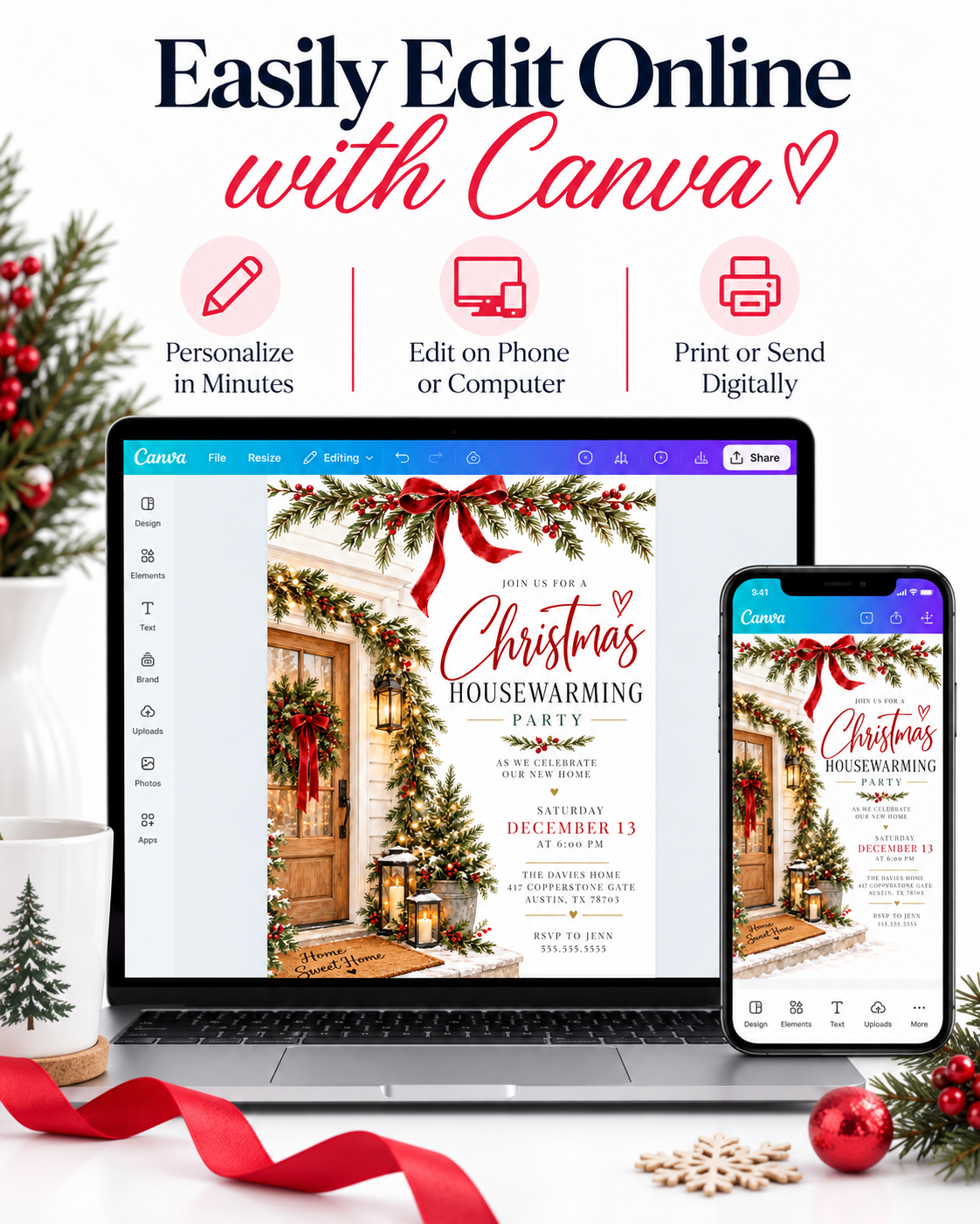 Christmas housewarming party invitation with a wooden front door, evergreen wreath and garlands, red bows, glowing lanterns, snowy steps, and a Home Sweet Home doormat