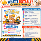 Construction 5th birthday invitation with giant wooden number 5, excavator, bulldozer, hard hat, balloons, traffic cones, and Can You Dig It party details