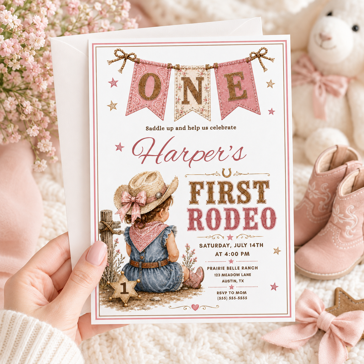 A rustic western-themed first birthday invitation card with an illustrated child at a rodeo.