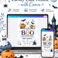 Little boo boy baby shower invitation with cute ghost, blue bow tie, pumpkins, bats, crescent moon, spiderweb, haunted house, and spooky-cute Halloween details