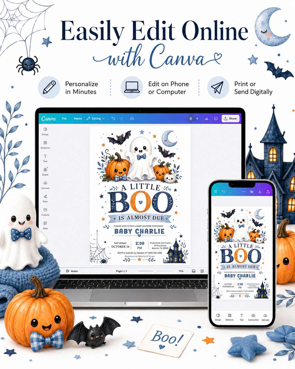 Little boo boy baby shower invitation with cute ghost, blue bow tie, pumpkins, bats, crescent moon, spiderweb, haunted house, and spooky-cute Halloween details
