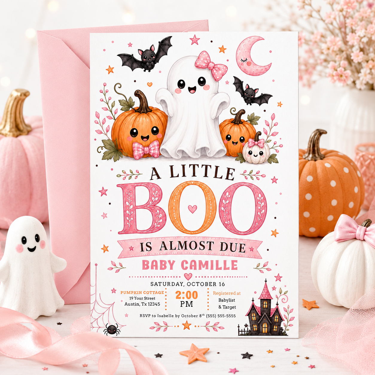Halloween baby shower invitation with cute ghost, pink bow, smiling pumpkins, bats, pink crescent moon, spiderweb, haunted house, and spooky-cute baby shower details