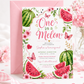 One in a Melon first birthday invitation featuring watercolor watermelons, pink flowers, butterflies, greenery and gold hearts.
