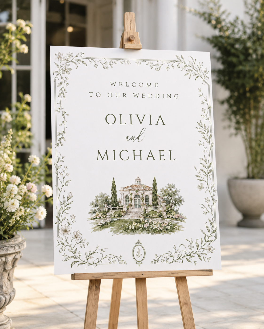 Editable garden estate wedding welcome sign Canva template with watercolour venue illustration, botanical border, and sage green tones
