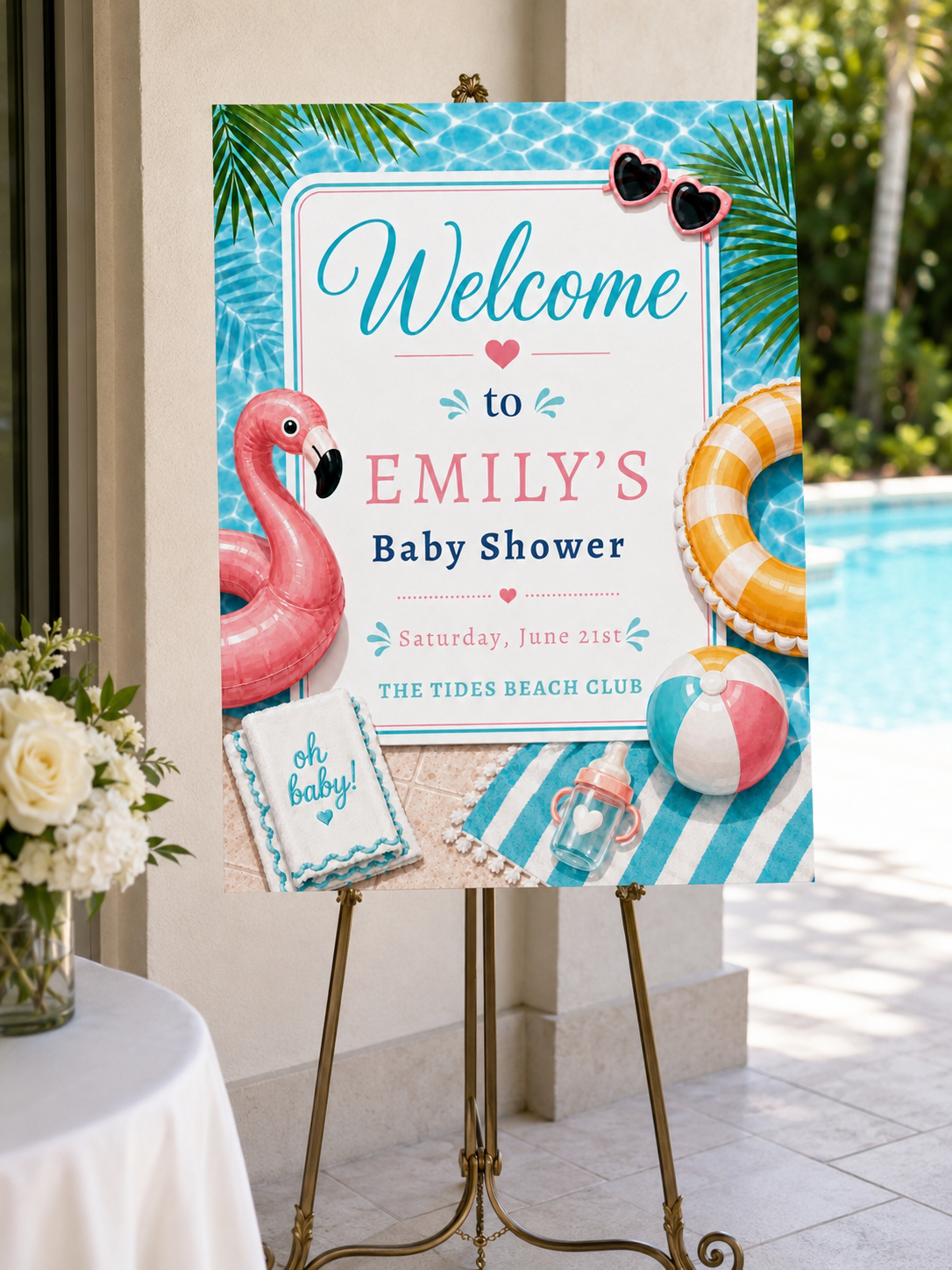 Pool party baby shower welcome sign with a flamingo float, beach ball, and heart sunglasses in pink and aqua