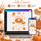 Cutie pie baby shower invitation with pumpkin pie, pumpkins, gingham bows, autumn leaves, mini pies, and cozy fall baby shower details