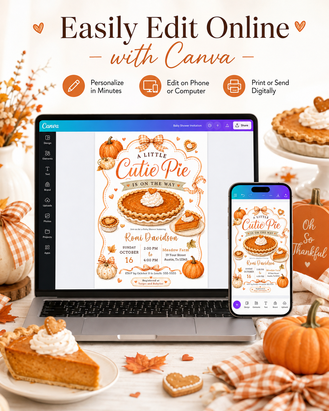 Cutie pie baby shower invitation with pumpkin pie, pumpkins, gingham bows, autumn leaves, mini pies, and cozy fall baby shower details