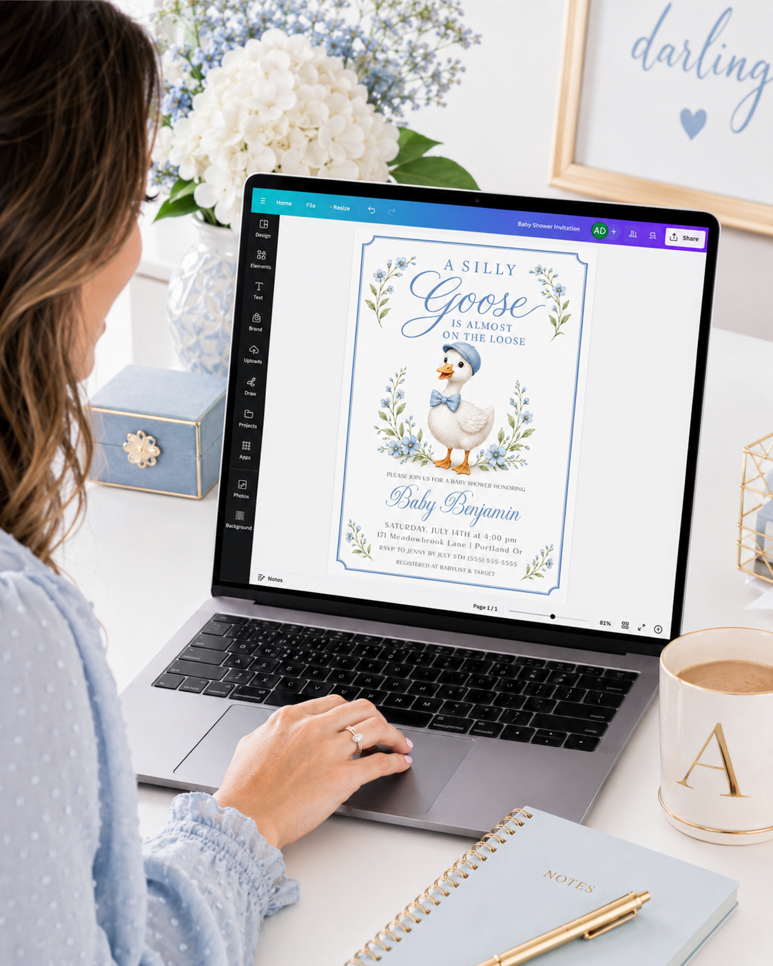 Editable silly goose boy baby shower invitation Canva template with illustrated gosling in blue newsboy cap and gingham bow tie, blue wildflowers, botanical sprigs, and blue border on a white background