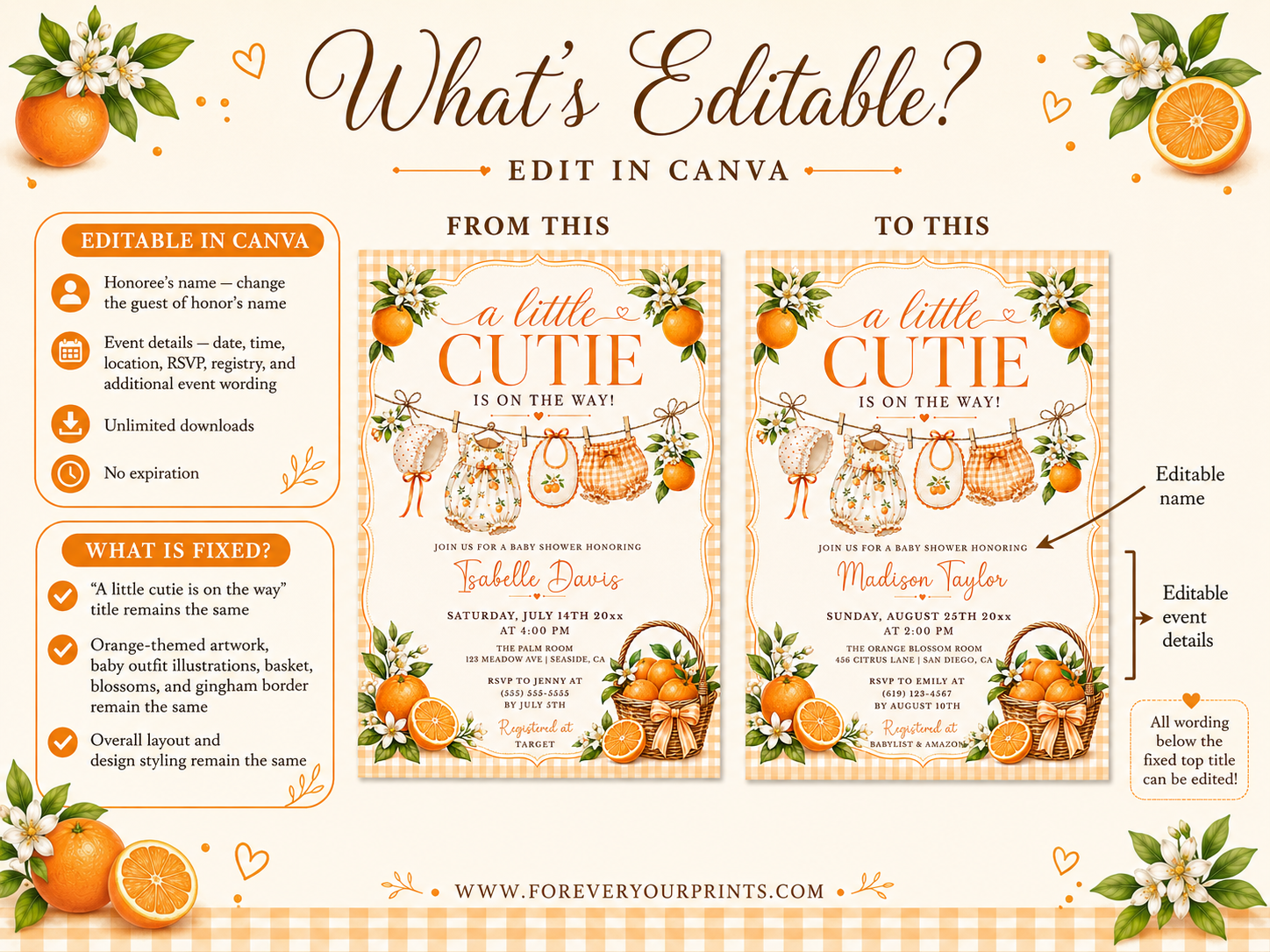 Editable little cutie baby shower invitation Canva template with watercolour oranges, orange blossoms, wicker fruit basket, clothesline scene with romper and bonnet, and orange gingham background