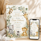 Editable safari baby shower invitation Canva template with watercolour monkey, giraffe, elephant, lion cub, and zebra surrounded by eucalyptus, tropical leaves, and cream wildflowers on a white background