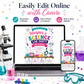 Science birthday invitation with colorful beakers, test tubes, microscope, safety goggles, atoms, molecules, and bright science lab party details for girls
