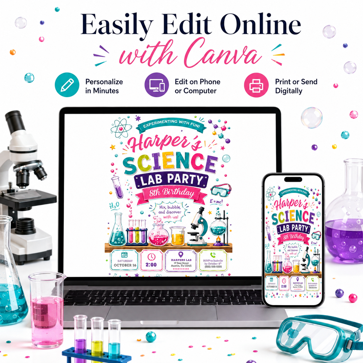 Science birthday invitation with colorful beakers, test tubes, microscope, safety goggles, atoms, molecules, and bright science lab party details for girls