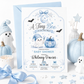 Tiny boo baby shower invitation with cute ghost, blue pumpkin, bats, crescent moon, stars, spiderweb accents, bow details, and soft Halloween baby boy design