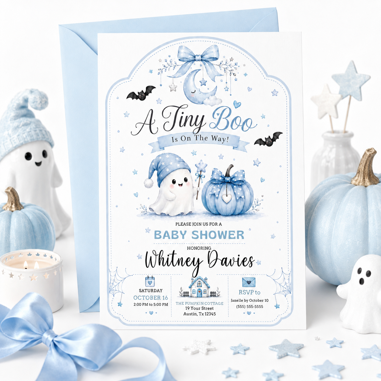 Tiny boo baby shower invitation with cute ghost, blue pumpkin, bats, crescent moon, stars, spiderweb accents, bow details, and soft Halloween baby boy design