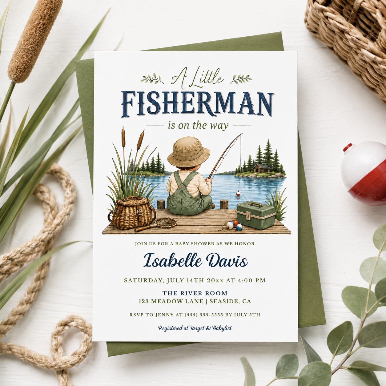 Gone fishing baby shower invitation with a little boy fishing on a dock by a lake in navy and green