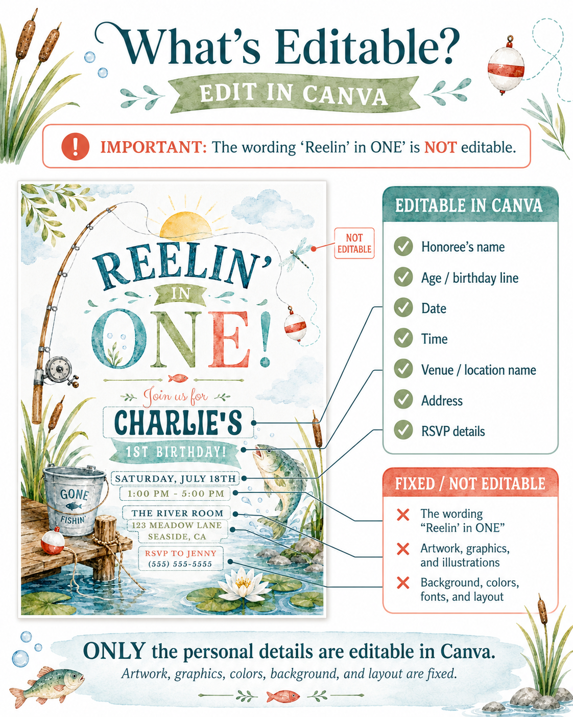 Fishing first birthday invitation with fishing pole, bobber, fish, basket, straw hat, lily pads, water, cattails, and rustic gone fishing sign