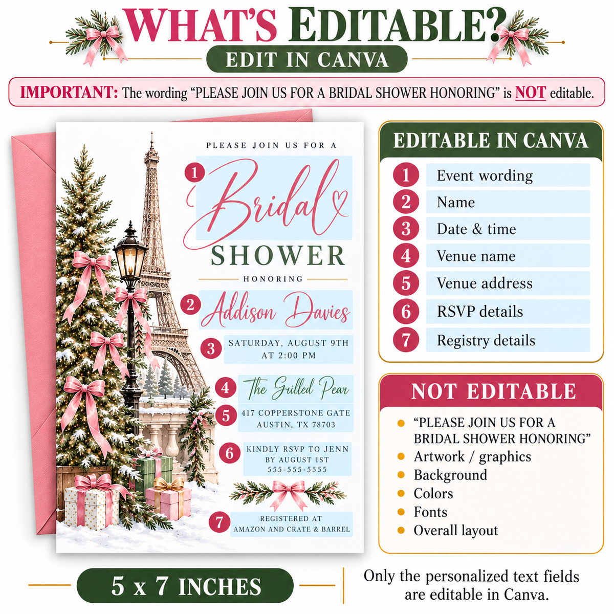 Winter Paris bridal shower invitation with the Eiffel Tower, snow-covered Christmas tree, pink satin bows, vintage streetlamp and wrapped gifts
