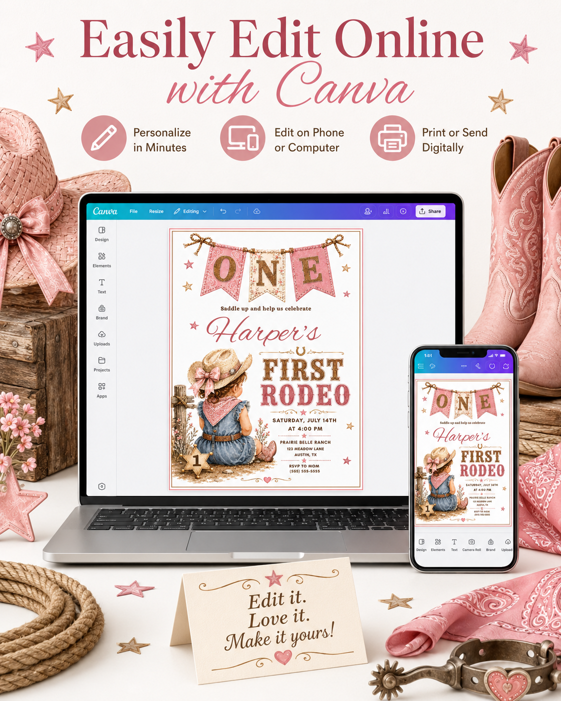 A rustic western-themed first birthday invitation card with an illustrated child at a rodeo.