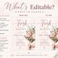 Editable fresh off the market bridal shower invitation Canva template with watercolour blush rose bouquet, baby's breath, eucalyptus, dusty rose bow, and script typography on a soft blush background with frame border