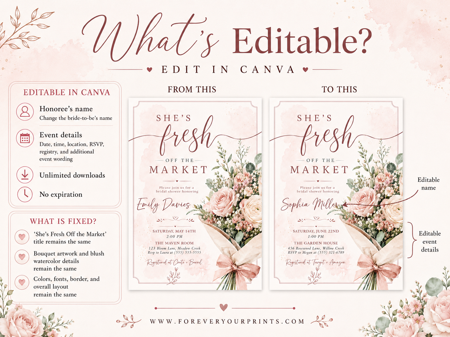 Editable fresh off the market bridal shower invitation Canva template with watercolour blush rose bouquet, baby's breath, eucalyptus, dusty rose bow, and script typography on a soft blush background with frame border