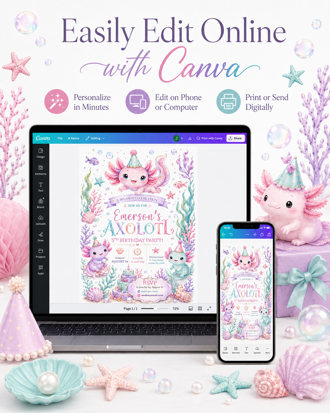 Axolotl birthday party invitation with pastel axolotls, coral, seashells, bubbles, starfish, pearls, ocean cake, and cute under the sea birthday details