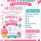 Cupcake birthday invitation with pink frosted cupcake, sprinkles, balloons, party banner, gift box, stars, confetti, hearts, and colorful pastel details