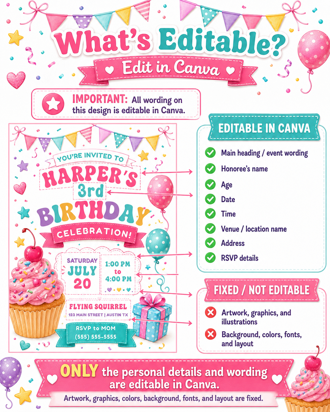 Cupcake birthday invitation with pink frosted cupcake, sprinkles, balloons, party banner, gift box, stars, confetti, hearts, and colorful pastel details