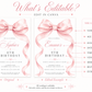 Pink bow birthday invitation for girls featuring a large blush pink ribbon, flowing bow tails and elegant pink and black typography.
