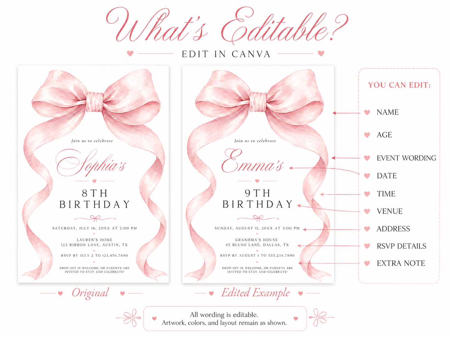 Pink bow birthday invitation for girls featuring a large blush pink ribbon, flowing bow tails and elegant pink and black typography.

